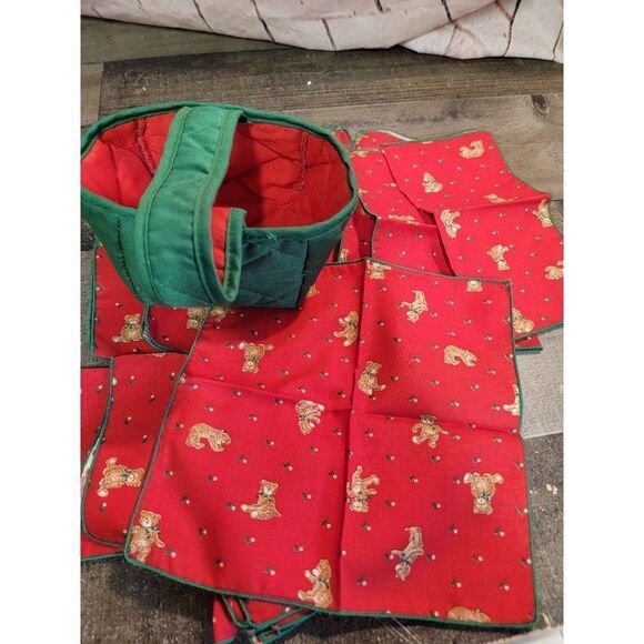 Xmas teddy bear mistletoe red cloth napkin‎ set - Picture 2 of 5